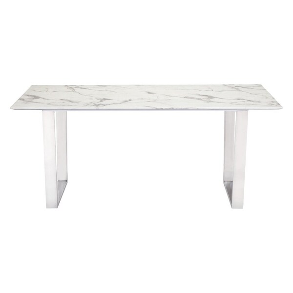 Homeroots 71" White And Silver Marble And Steel Sled Base Dining Table 296147 - main