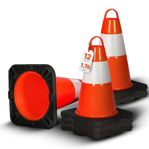 Pyle Traffic Cone Set, PVC, 12 in Height, Fluorescent Orange 6 PK PTCN12X6 - main