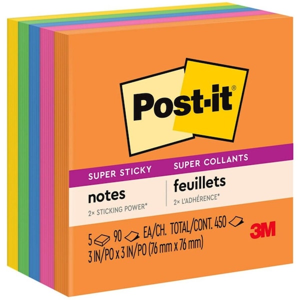 3M Post-It, Pads In Rio De Janeiro Colors, 3 X 3, 90-Sheet Pads, 5PK 6545SSUC - main