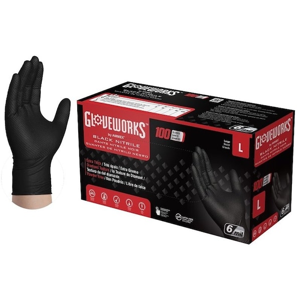 Gloveworks By Ammex RDT, Disposable Gloves, 6 mil Palm, Nitrile, Powder-Free, L, Black GWBN46100 - main