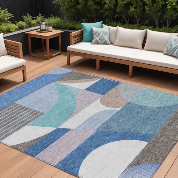 Homeroots 10' X 14' Sky Blue Teal Blue And Brown Geometric Washable Indoor Outdoor Area Rug 616747 - main