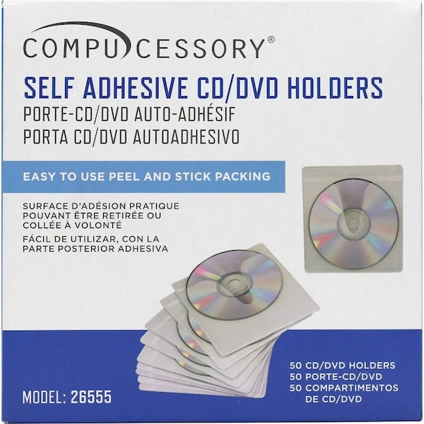 Compucessory Self-Adhesive CD Holders, Polypropylene, 50/Pk, White 26555 - main