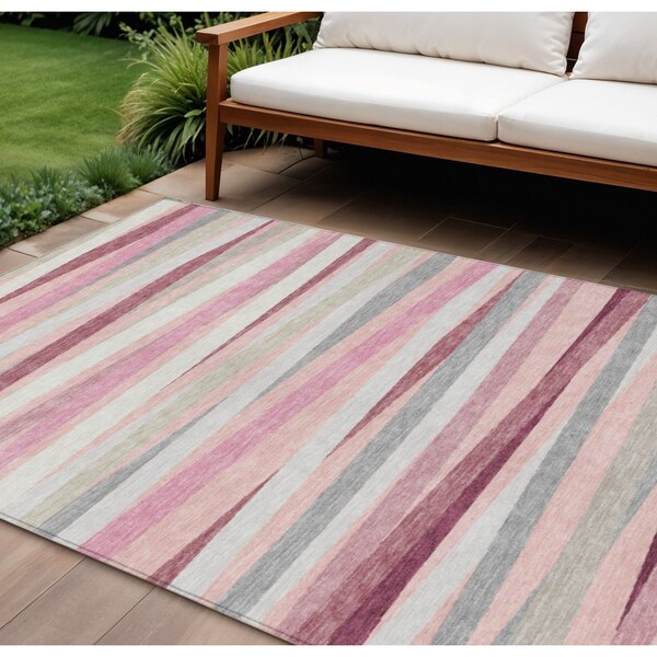 Homeroots 10' X 14' Pink Ivory And Gray Striped Washable Indoor Outdoor Area Rug 597354 - main