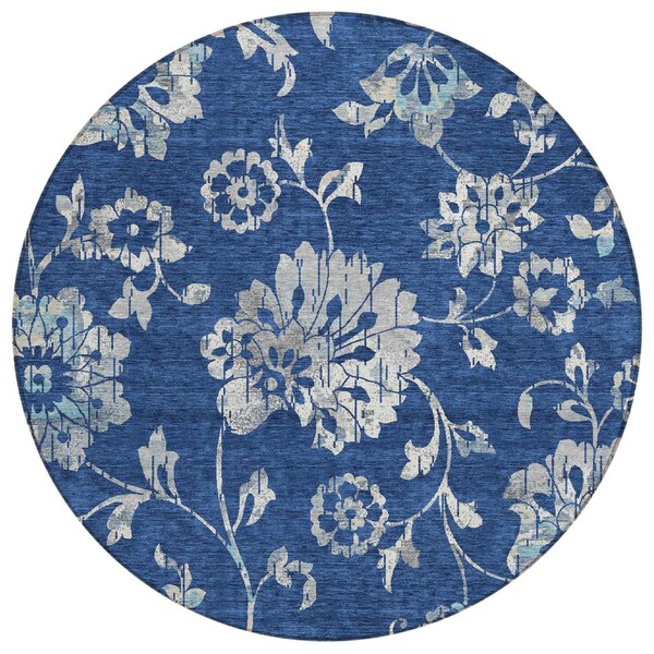 Homeroots 8' Navy Blue And Gray Round Floral Washable Indoor Outdoor Area Rug 589484 - main