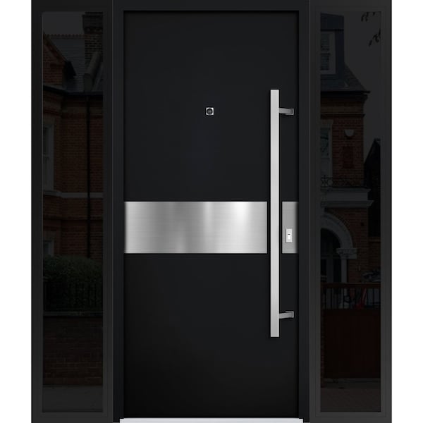 Vdomdoors Steel Door Deux 6072 Black Enamel 2 Sidelight Exterior Windows Sidelites/ Entry Door Painted W14+36 DEUX6072EXD-BLK-W14+36+14 X H80-LH-I - main