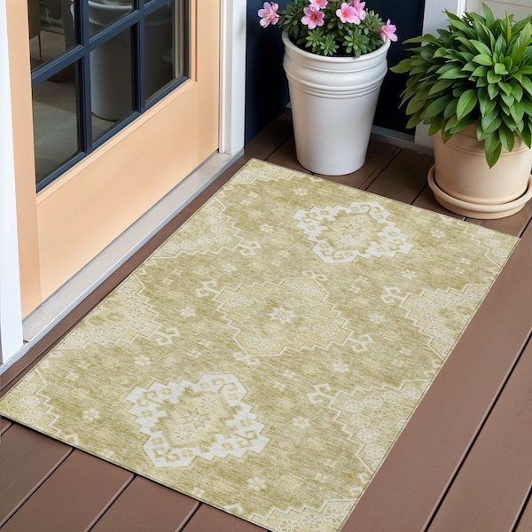 Homeroots 3' X 5' Wheat Gold And Ivory Medallion Washable Indoor Outdoor Area Rug 589056 - main