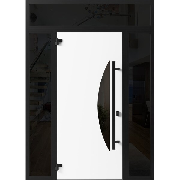 Vdomdoors Front Exterior Prehung Steel Door Ronex1077 Teak 2 Sidelight and Transom Window Sidelite Entry RONEX1077EXD-OAK-W12+36+12 X H80+16-RH-I - main