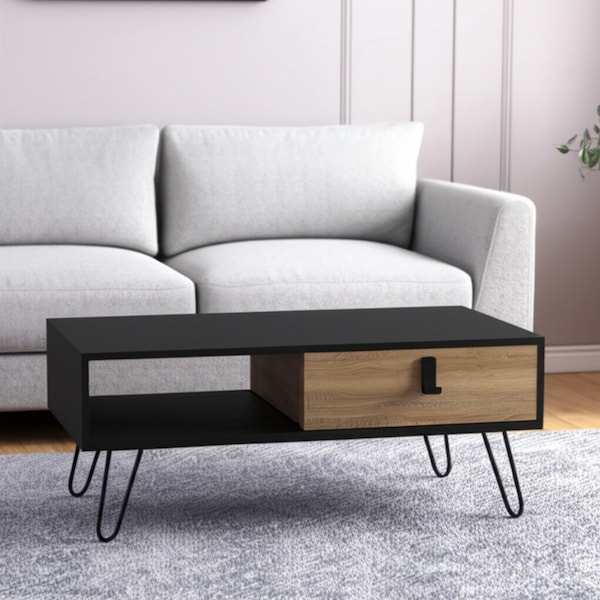 Homeroots 41" Black and Oak Wood and Metal Coffee Table With Drawer And Shelf 546434 - main