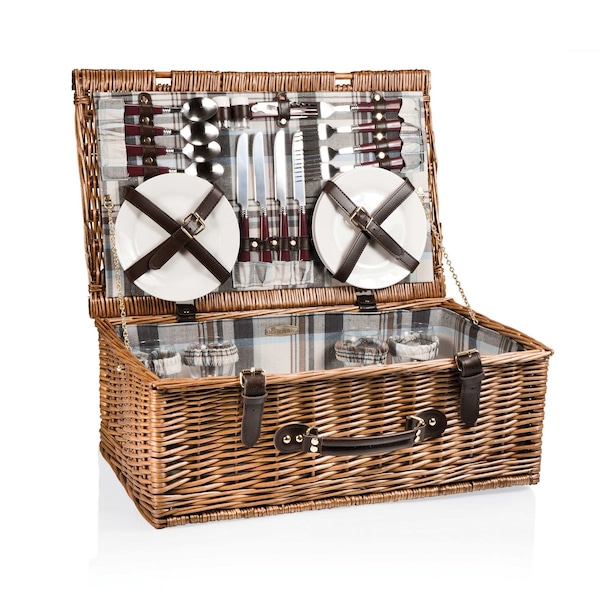 Picnic Time Family Of Brands Newbury Picnic Basket, Navy Blue & Burgundy Plaid Pattern 207-50-404-000-0 - main