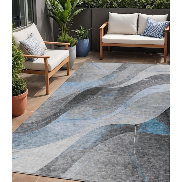 Homeroots 5' X 8' Sky Blue Gray And Silver Abstract Washable Indoor Outdoor Area Rug 616767 - main