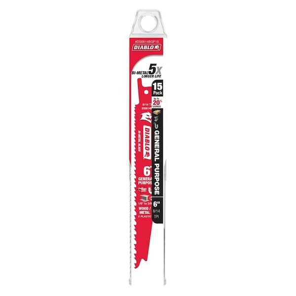 Diablo Reciprocating Saw Blade, 6 in, 8/14 TPI, Bi-Metal, General Purpose, 15-Pack DS0614BGP15 - main