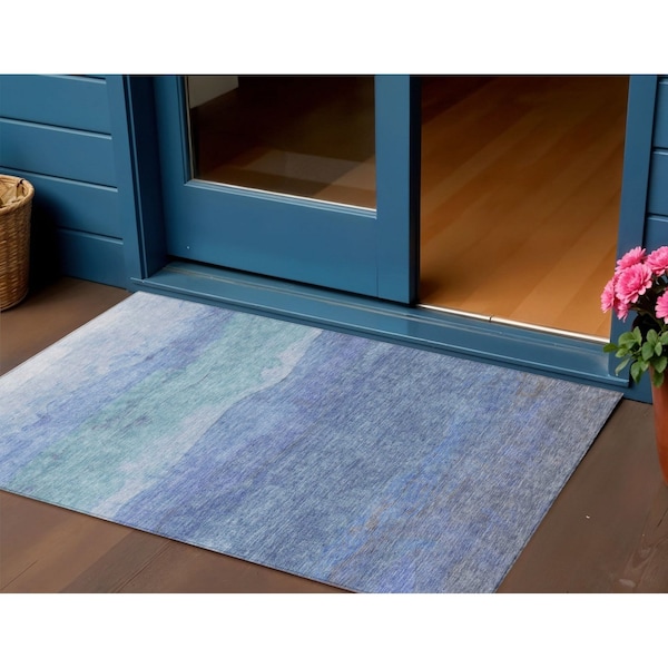 Homeroots 3' X 5' Blue Teal Blue And Sky Blue Abstract Washable Indoor Outdoor Area Rug 618136 - main