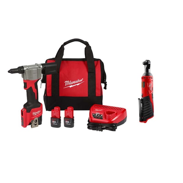 Milwaukee Tool M12 Rivet Tool Kit + M12 3/8" Ratchet 2550-22, 2457-20 - main