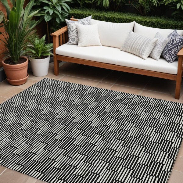 Homeroots 9' X 12' Black And Ivory Geometric Washable Indoor Outdoor Area Rug 594981 - main