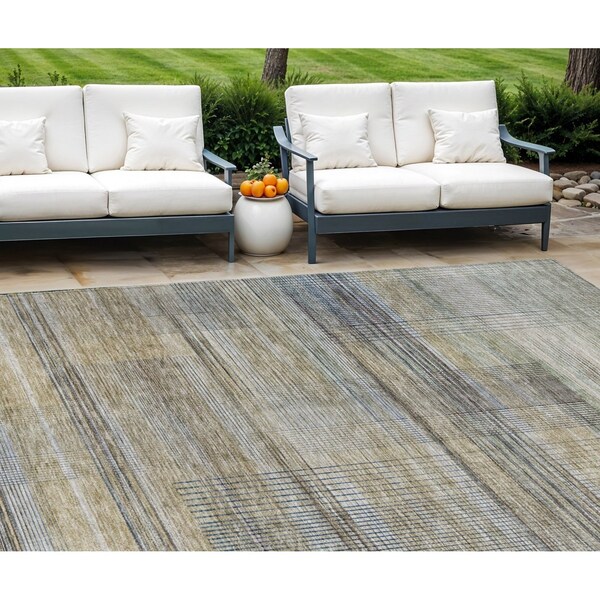 Homeroots 8' X 10' Khaki Tan And Beige Striped Washable Indoor Outdoor Area Rug 588061 - main