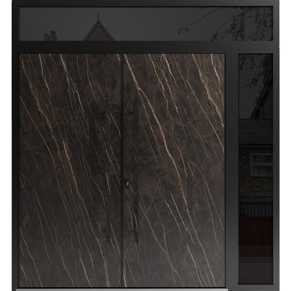 Vdomdoors Aluminum Double Doors Dekton 0118 Natural Noir / 1 Sidelight and Top Transom Entry Door Painted (W8 DEKTON0118DEXD-NOIR-W72+14xH80+14-LH-I - main