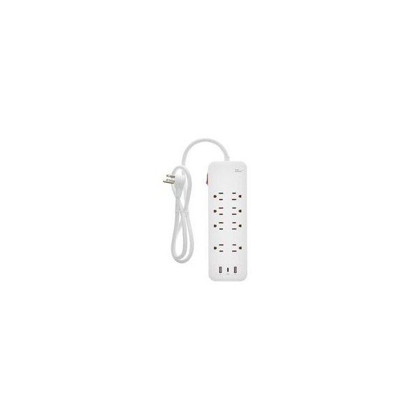 Cable Wholesale Surge Protector, Flat Plug, 8 Outlet Plus 2x USB A and 1x USB C, 2450J, Plastic, White, Power 51W1-49103 - main