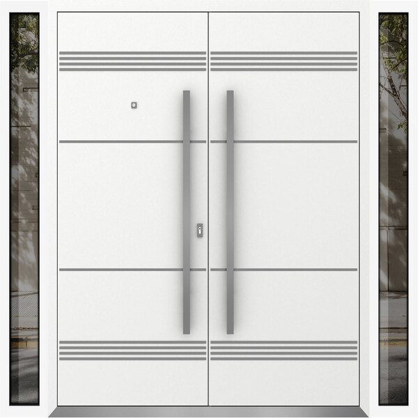 Vdomdoors Metal Double Doors Deux 1705 White Enamel 2 Sidelights Entry Modern Painted 104x80 (W16+72+16xH80) DEUX1705DEXD-BEM-W16+72+16xH80-LH-O - main