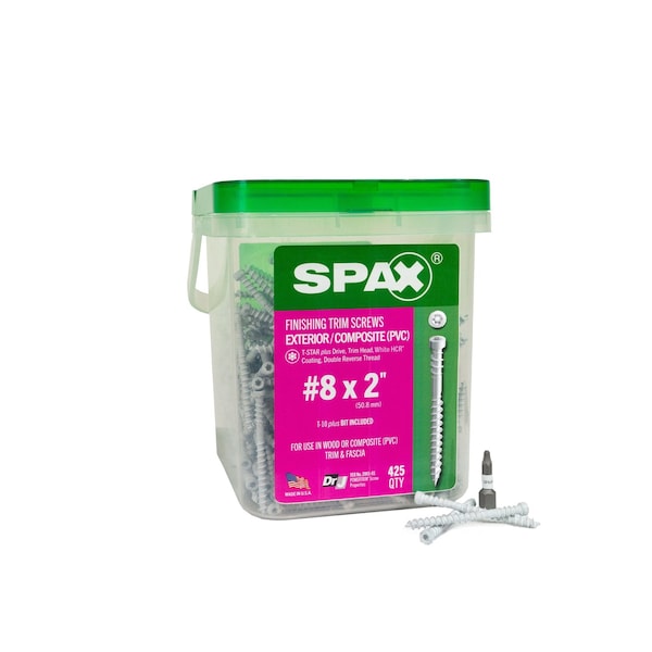 Spax #8 x 2 in Wood Composite Double Thread Screws Powertrim Trim Head T-Star Plus Pail, 425PK 3241830400508 - main
