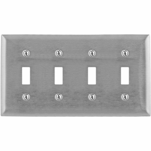 Hubbell Wiring Device-Kellems Wallplates and Boxes, Metallic Plates, 4- Gang, 4) Toggle Openings, 430 Stainless Steel SS4L - main