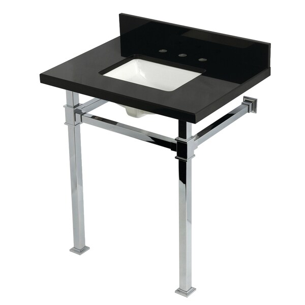 Kingston Brass 30-Inch Black Granite Console Sink with Stainless Steel Legs, 8-Inch, 3-Hole KVPK30KSQ1 - main