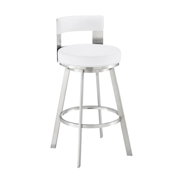 Armen Living Flynn 26in Swivel Counter Stool in Brushed Stainless Steel with White Faux Leather LCFLBABSWHI26 - main