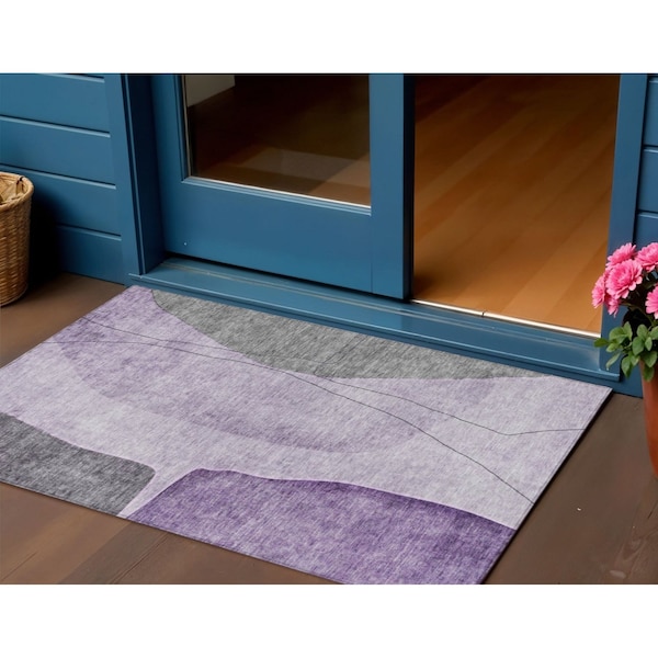 Homeroots 3' X 5' Purple Eggplant And Gray Abstract Washable Indoor Outdoor Area Rug 582026 - main