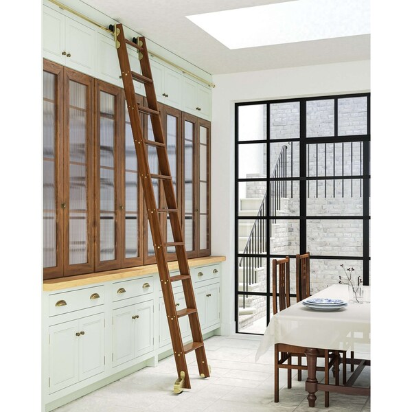 Quiet Glide 9.92 ft. Walnut Contemporary Wheel Brushed Satin Brass Rolling Hook Removable Ladder, 12 ft. Rail QG.540-10WA-12-H.06B - main