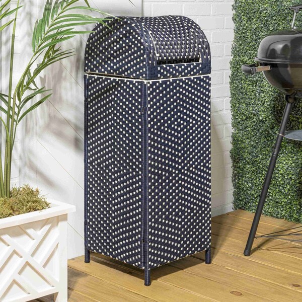 Happimess Darla 31.39-Gallon All-Weather Wicker/Metal Swing Top Hideaway Outdoor Trash Can, Navy/White HPM1202B - main