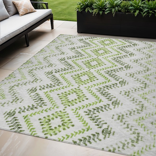 Homeroots 5' X 8' Green Ivory And Gray Geometric Washable Indoor Outdoor Area Rug 581540 - main