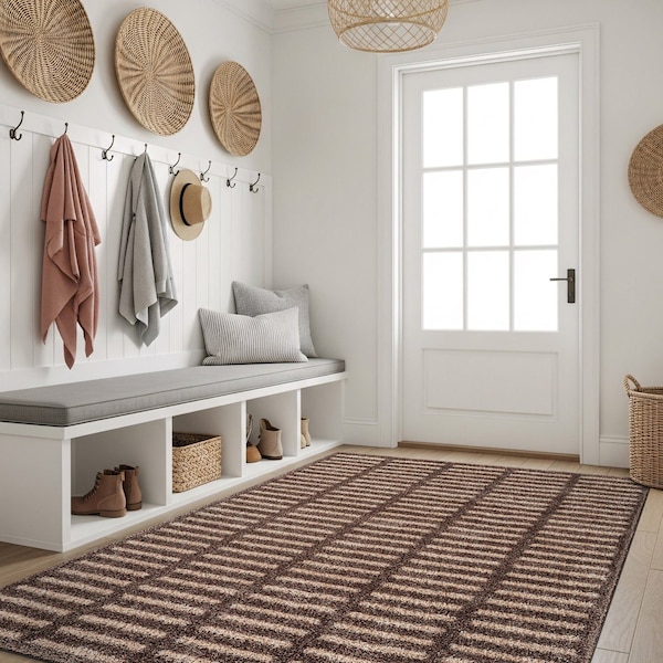 World Rug Gallery Bohemian Stripe Lines Shag Area Rug 4 ft x 6 ft Beige WR128BEIGE4X6 - main