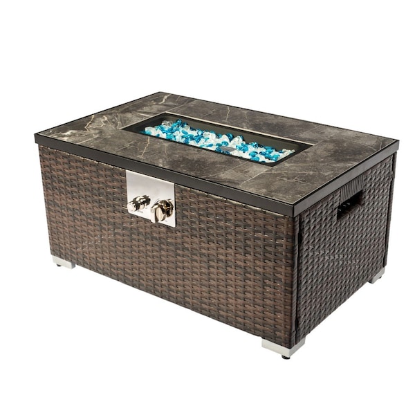 Homeroots 50000 BTU 32in Brown Rattan Propane Rectangular Fire Pit Table With Cover 714427 - main