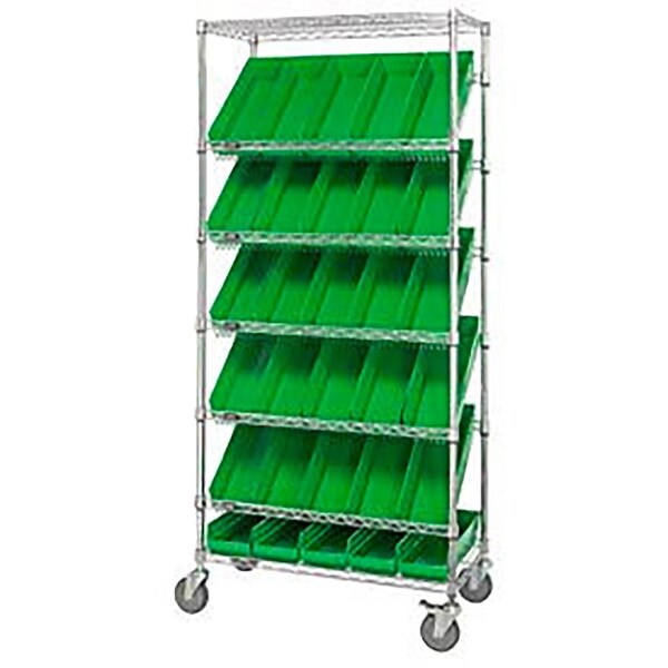 Global Industrial Easy Access Slant Shelf Chrome Wire Cart 30 4"H Shelf Bins Green 36Lx18Wx74H 269003GN - main