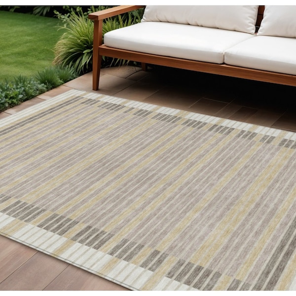 Homeroots 9' X 12' Ivory And Beige Striped Washable Indoor Outdoor Area Rug 610478 - main