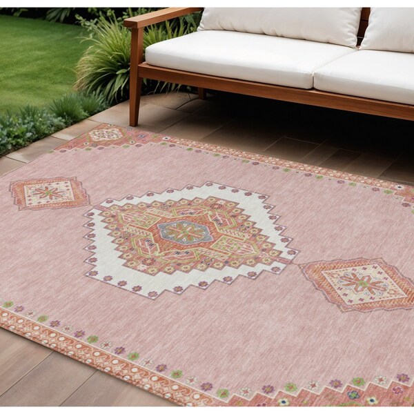 Homeroots 9' X 12' Pink Green And Ivory Oriental Washable Indoor Outdoor Area Rug 598440 - main