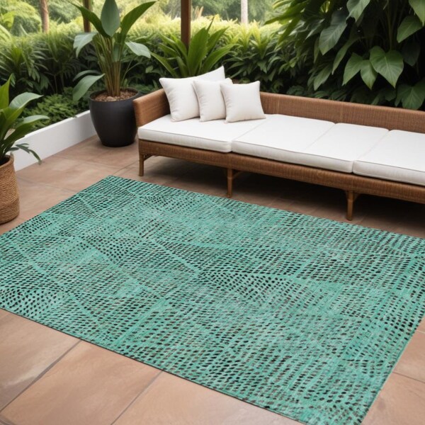 Homeroots 9' X 12' Teal Blue And Charcoal Geometric Washable Indoor Outdoor Area Rug 577605 - main