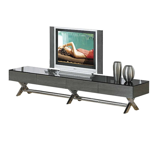 Homeroots 79in Gray Glass Cabinet Enclosed Storage Mirrored TV Stand 555125 - main