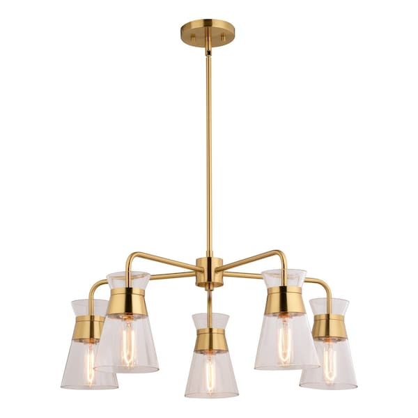 Vaxcel Harper 5-Light 27 in W Brass Gold Mid-Century Modern Chandelier, Clear Glass Ceiling Fixture H0294R - main