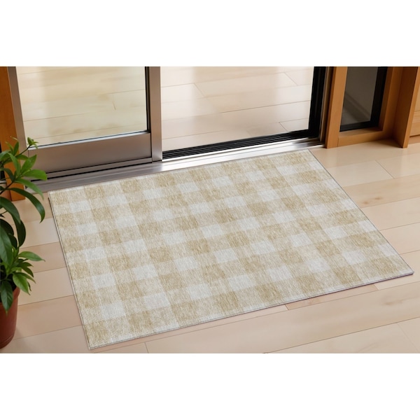 Homeroots 3' X 5' Beige And Gray Plaid Washable Indoor Outdoor Area Rug 595367 - main