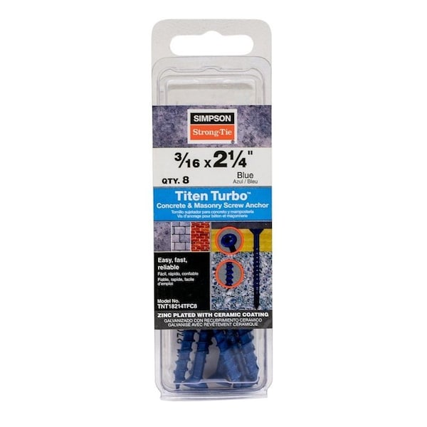 Simpson Strong-Tie Titen Turbo Screw Anchor, 3/16 in Dia, 2-1/4 in L, Carbon Steel, Ceramic-Coated/Zinc TNT18214TFC8 - main