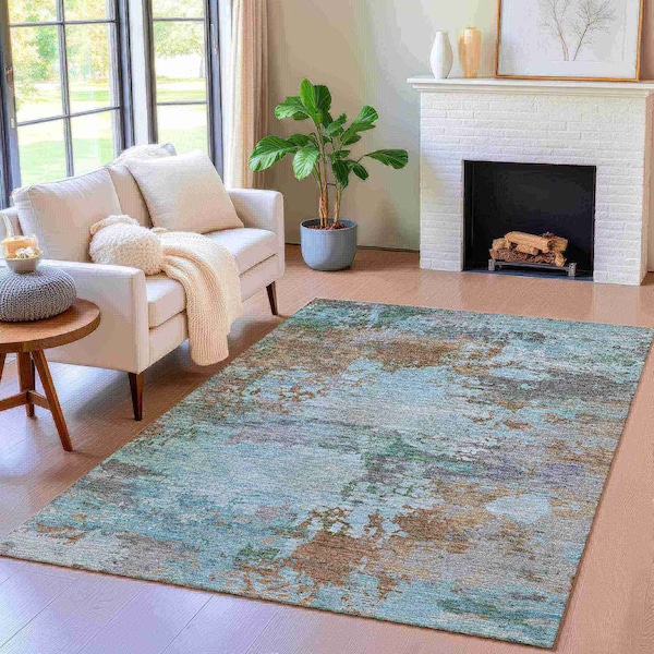 Homeroots 10' X 14' Brown And Blue Abstract Washable Indoor Outdoor Area Rug 630722 - main