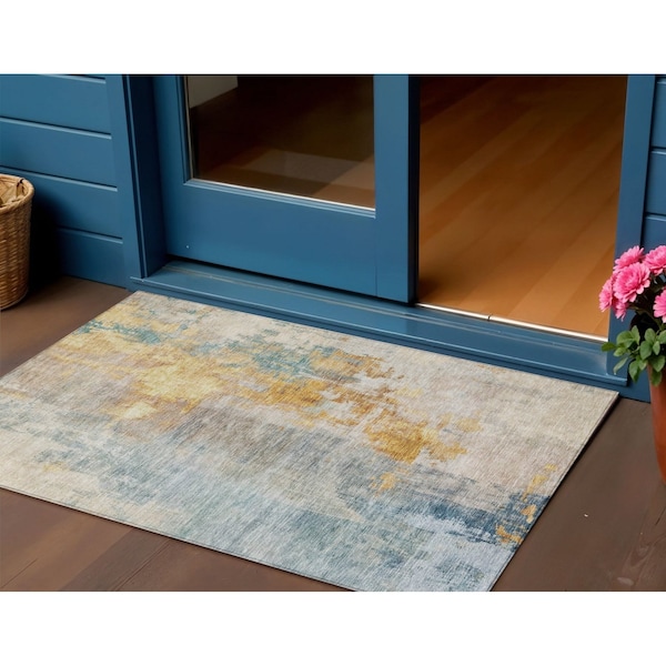 Homeroots 3' X 5' Linen Teal Blue And Copper Abstract Washable Indoor Outdoor Area Rug 605518 - main
