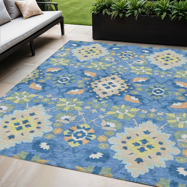 Homeroots 5' X 8' Blue Green And Orange Oriental Washable Indoor Outdoor Area Rug 597675 - main
