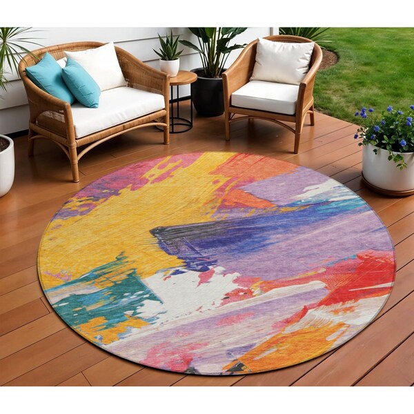 Homeroots 8' Gold Purple And Teal Blue Round Abstract Washable Indoor Outdoor Area Rug 611218 - main