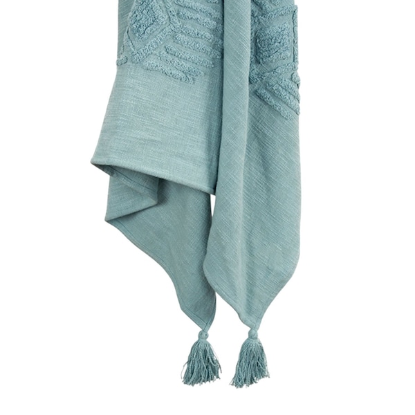 Homeroots 50" X 60" Teal And Blue Cotton Woven Ikat Throw Blanket with Fringe 518825 - main