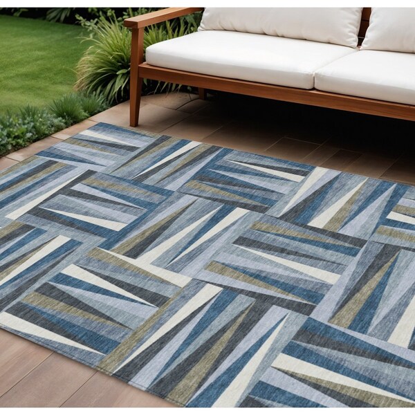 Homeroots 9' X 12' Denim Blue Gray And Ivory Geometric Washable Indoor Outdoor Area Rug 598254 - main