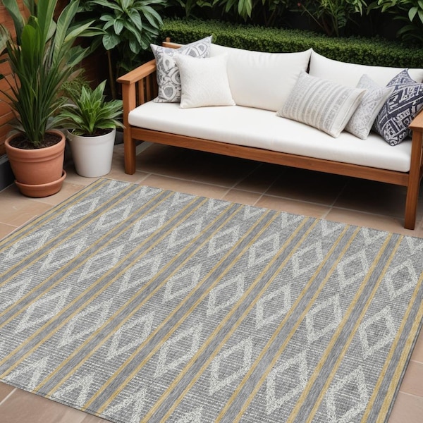 Homeroots 9' X 12' Gray Ivory And Brown Geometric Washable Indoor Outdoor Area Rug 599632 - main