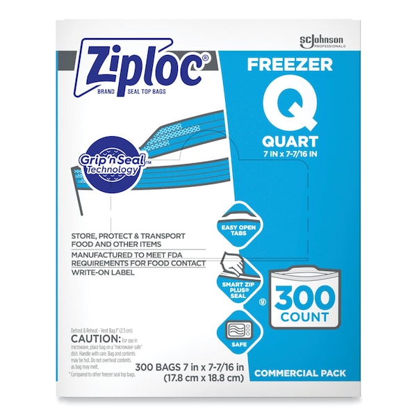 Ziploc Double Zipper Freezer Bags, 1 qt, 2.7 mil, 7" x 7.75", Clear, PK300 696187 - main