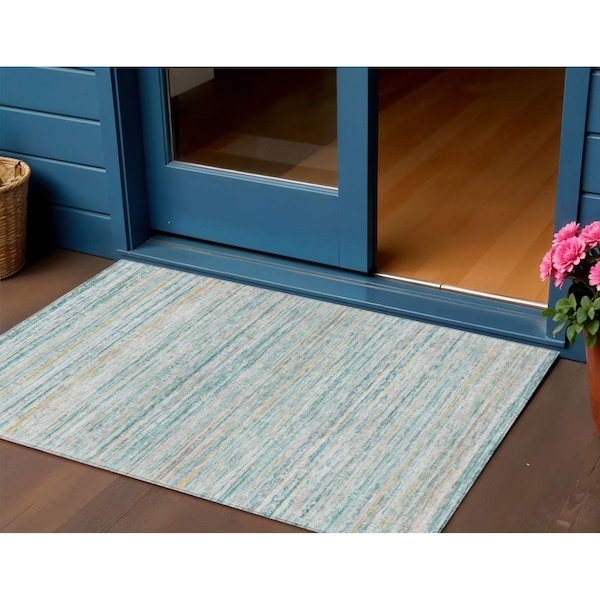 Homeroots 3' X 5' Teal Blue Striped Washable Indoor Outdoor Area Rug 607980 - main