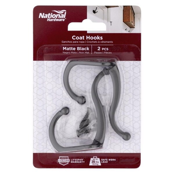 National Hardware Medium Matte Black Steel 6.69 in. L Coat/Hat Hook 35 lb, 2PK N830-598 - main